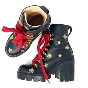 GUCCI BLACK LEATHER PLATFORM COMBAT BOOTS SZ 6 GOLD STARS BEES LUG SOLE